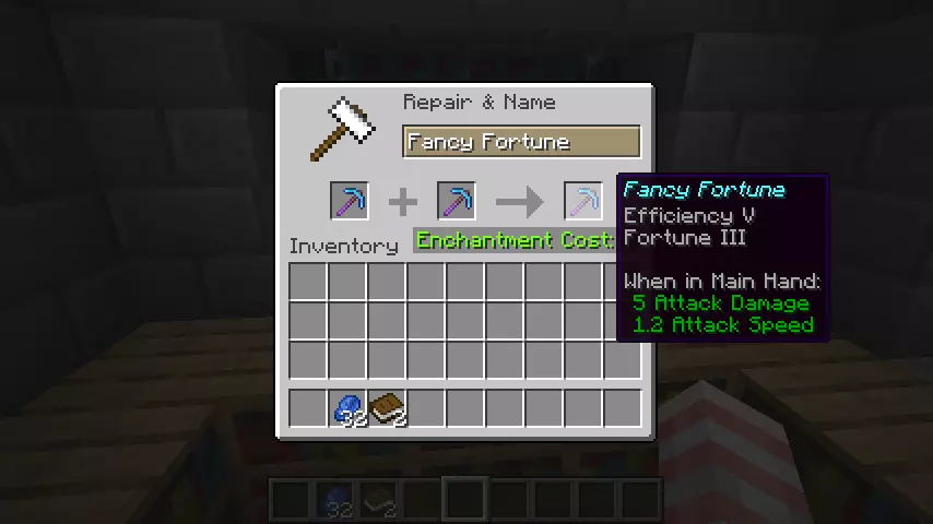 Minecraft 1.18 Enchanting Guide: Creating a merged pickaxe named Fancy Fortune.