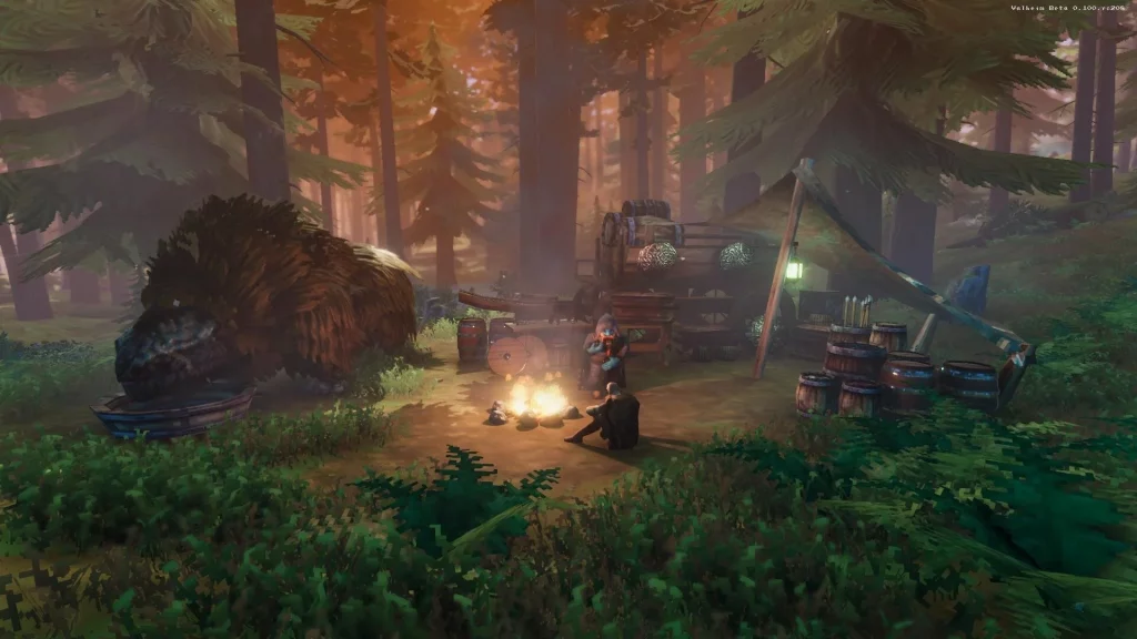 Valheim Screenshot: Camping in the woods.